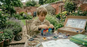 A child experimenting with colourful magnetic gears and cogs to understand mechanical movement and torque.