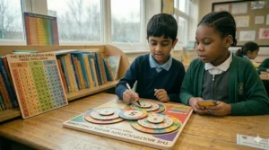Students using a multiplication wheel challenge board to master the 2, 5, and 10 times tables during a Key Stage 1 maths lesson.