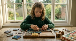 A colourful noughts and crosses grid, a classic strategy brain teaser game for 9 year olds to play with friends.