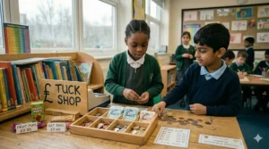 Primary school pupils playing a number bond rescue board game to practice adding to 20 using wooden counters in a classroom.