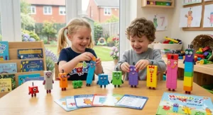 Colourful Numberblocks toys from One to Ten arranged in a row to help primary school children practise counting and number recognition.