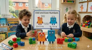 Numberblocks Nine arranged in a three-by-three square to illustrate square numbers and early multiplication concepts for Year 1 and Year 2 pupils.