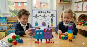 An illustration of Numberblocks toys split into pairs to demonstrate number bonds to ten, a key part of the UK maths curriculum.