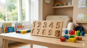 An educational wooden shape sorter with numbered slots, perfect for 5-year-olds developing fine motor and counting skills.