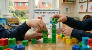 Numberblocks toys Three and Four standing side-by-side to show the visual difference between odd tops and even flat tops.