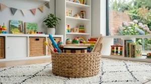 A wicker basket used for organising various musical instruments for a 4-year-old in a tidy home environment.