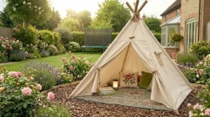 A cream canvas play teepee set up on woodchips in a garden, ideal for outdoor imaginative play.