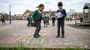 Active learning on a British primary school playground with children playing a chalk-drawn number line and addition hopscotch game.
