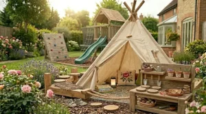 A comprehensive garden play area for a 5-year-old featuring a climbing frame, mud kitchen, and teepee.