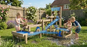 A wooden outdoor water activity centre for children with chutes, buckets, and flowing water channels.