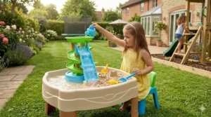 A 5-year-old girl playing with a multi-tier water and sand activity table on a garden lawn.