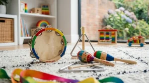 A wooden percussion set for a 4-year-old featuring a tambourine, maracas, and a triangle.