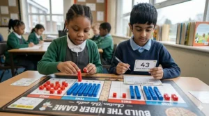 Pupils using blue and red base-ten blocks and counters for a build the number place value game focusing on tens and ones.