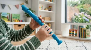A bright blue plastic recorder being held by a nursery-aged child, showing a simple wind instrument for beginners.
