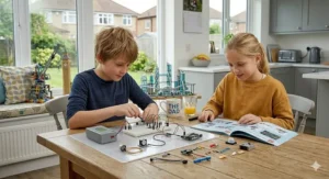 A photorealistic close-up of a 10 year old boy and girl collaborating in a light-filled UK kitchen to assemble an intricate programmable circuit board on a breadboard, connecting various detailed sensors and wires.