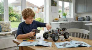 A 10 year old boy in a sunlit UK kitchen, focused on assembling a complex, multi-wheeled remote-controlled stunt racer model from an advanced construction kit, with the instruction manual open.