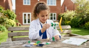 A British student in a lab coat assembling a miniature wind turbine in a suburban UK garden, learning about renewable energy with an eco-science kit.