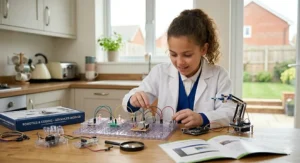 A young girl connecting wires to a robotics and coding module on a kitchen counter, with a mechanical arm and an advanced robotics instruction booklet nearby.