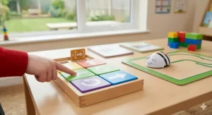 A wooden screen-free coding robot being programmed by a child using tactile directional blocks, perfect for Key Stage 1 learners.