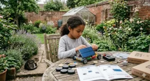A young girl in a British garden building a solar-powered toy car, with a greenhouse and brick wall in the background.