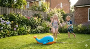 A vibrant spinning whale-shaped garden sprinkler toy spraying water for kids to run through.