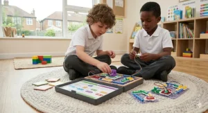Close-up of colourful electronic building blocks that snap together to teach 6-year-olds basic circuitry and logic gates.