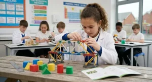 A 10-year-old student in a UK classroom setting completing an engineering bridge model, with colourful 3D geometric shapes and a ruler on a wooden workbench.