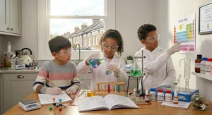 A child using a chemistry set for kids and imagining a future career as a scientist, promoting STEM education in the UK.