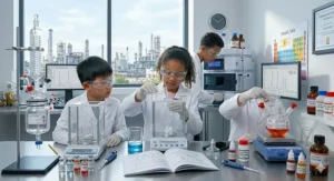 Graphic showing plastic-free and recyclable packaging for eco-friendly chemistry sets for kids available in the UK.