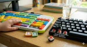 A comparison of membrane and mechanical key switches designed to provide tactile feedback for developing fine motor skills.