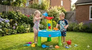 A multi-level toddler water play table with spinning gears and funnels for sensory outdoor play.