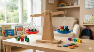 A toy balance scale with small weighted bears used to teach 5-year-olds the concept of more than and less than in maths.