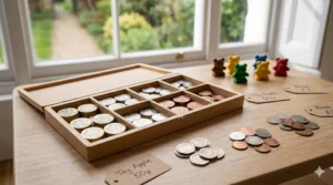 A play set featuring British pound coins and pence to help 5-year-olds learn counting through roleplay.