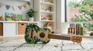 A child-sized colourful ukulele designed for a four-year-old's small hands to encourage early music skills.