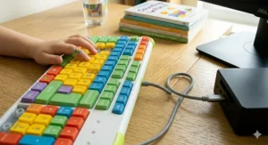 A simple USB-C wired connection showing how the keyboard plugs into a computer for an easy, driver-free setup.