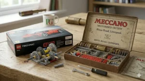 Photorealistic detailed photograph showing a vintage 1920s Meccano Outfit Box labelled Binns Road, Liverpool displaying aged brass parts, contrasted with a modern LEGO Technic supercar gearbox.