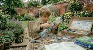 An 8-year-old boy constructing a water rocket from a kit in a British garden to explore aerodynamics and propulsion.