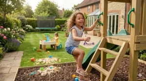 A young girl climbing a wooden climbing frame with a green slide in a lush UK garden.