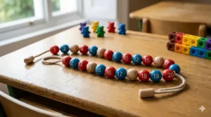 A traditional wooden bead string toy used for teaching Year 1 pupils basic addition and subtraction.