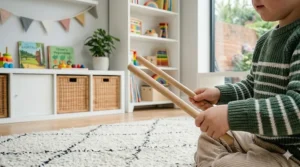 Two simple wooden rhythm sticks being used by a child to learn timing and beats in a music lesson.