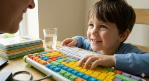 A 6-year-old British student smiling while completing a typing adventure task using a specialised learning keyboard.