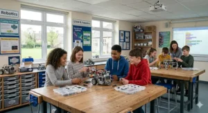 British pupils collaborating on building modular robots in a well-equipped after-school coding club classroom.