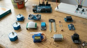 An array of sensors included in Arduino starter kits, including ultrasonic, PIR motion, and temperature modules.
