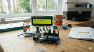 A 16x2 LCD screen module from an Arduino starter kit displaying a "Hello World" message.