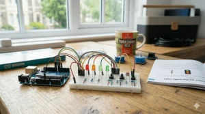 A completed beginner Arduino project mimicking a UK traffic light sequence using red, amber, and green LEDs.