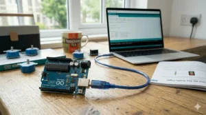 Connecting an Arduino board to a laptop via USB cable to upload code in a home workshop.