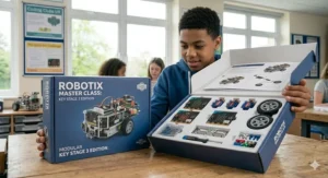 A 12-year-old student unboxing a complex, high-quality robotics science kit in a British classroom, perfect as a birthday or Christmas gift.