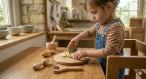 A close-up of a child using a wooden Montessori chopper to slice soft banana slices on a small chopping board.
