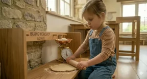 A young child using a small wooden rolling pin to roll out biscuit dough alongside a traditional mechanical kitchen scale.