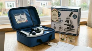 A photorealistic setup on a child's desk showing a microscope kit partially packed, with a clear 'Merry Christmas!' gift tag attached, ready for gifting.